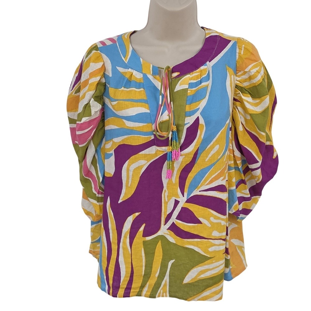 Christian Siriano Top Women L Floral Boho Puff Sleeve Festive Artsy Beach Resort